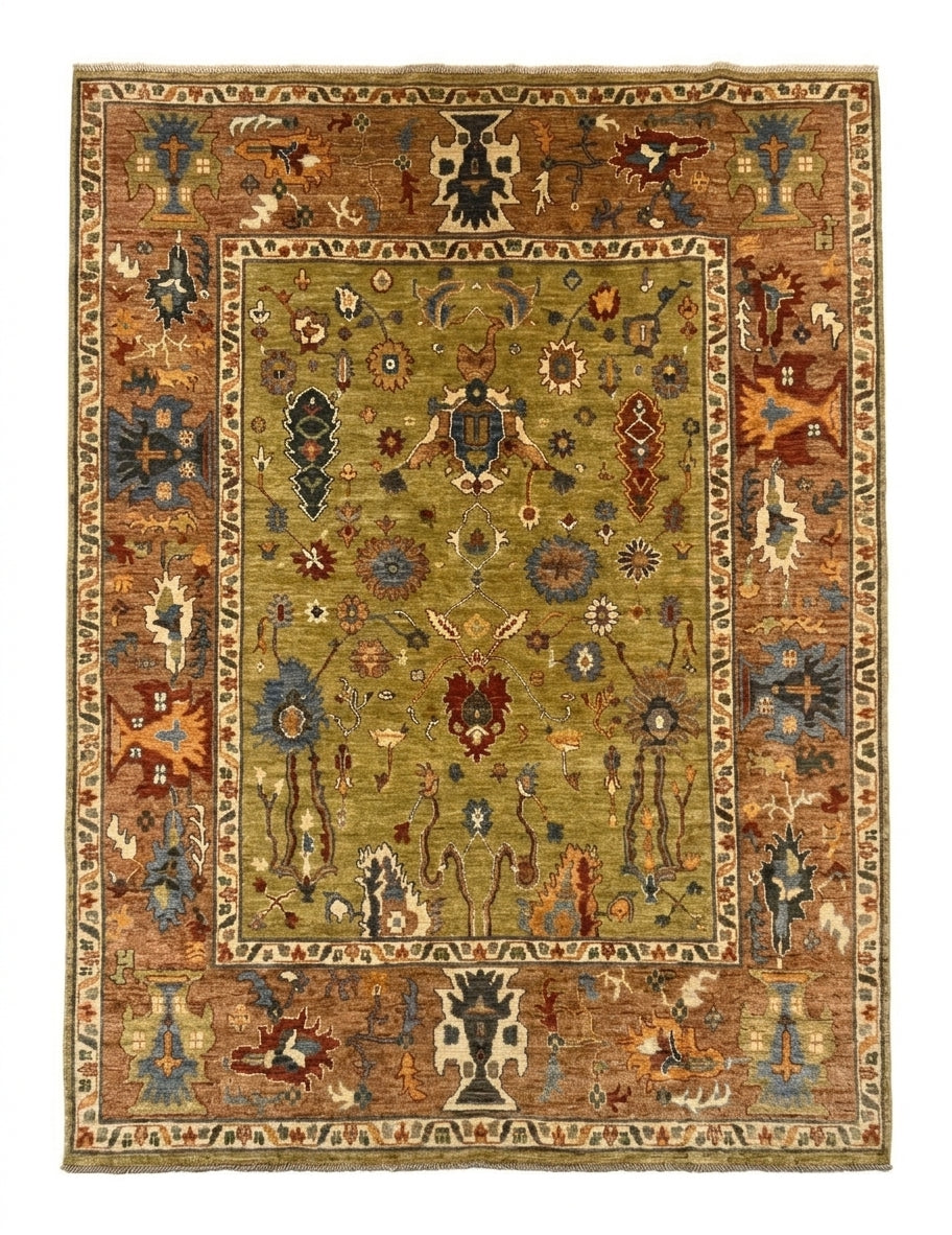 Oushak Floral Vase & Serrated Leaf Wool Area Rug