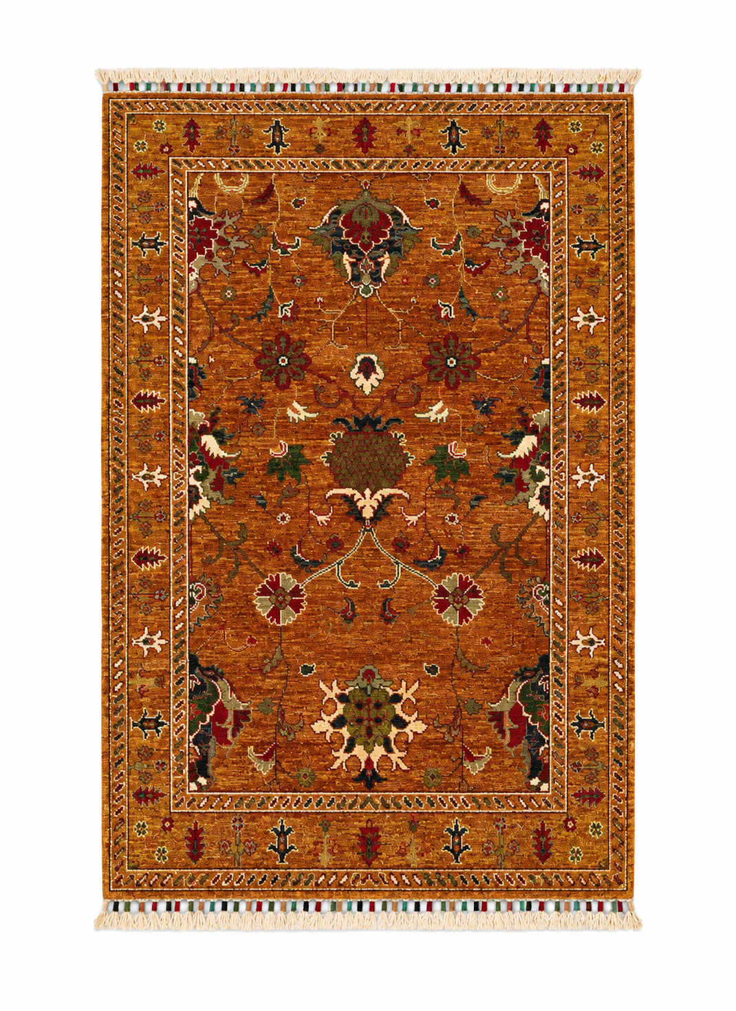 Palmette & Tree-Bordered Wool Area Rug