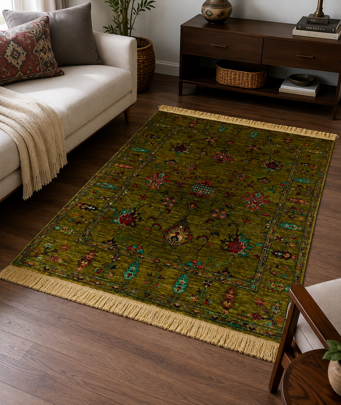 Verdant Eden Olive Floral Area Rug