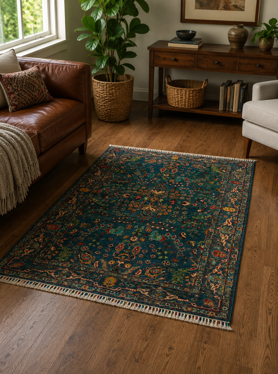 Teal Enchanted Garden Birds Oriental Rug