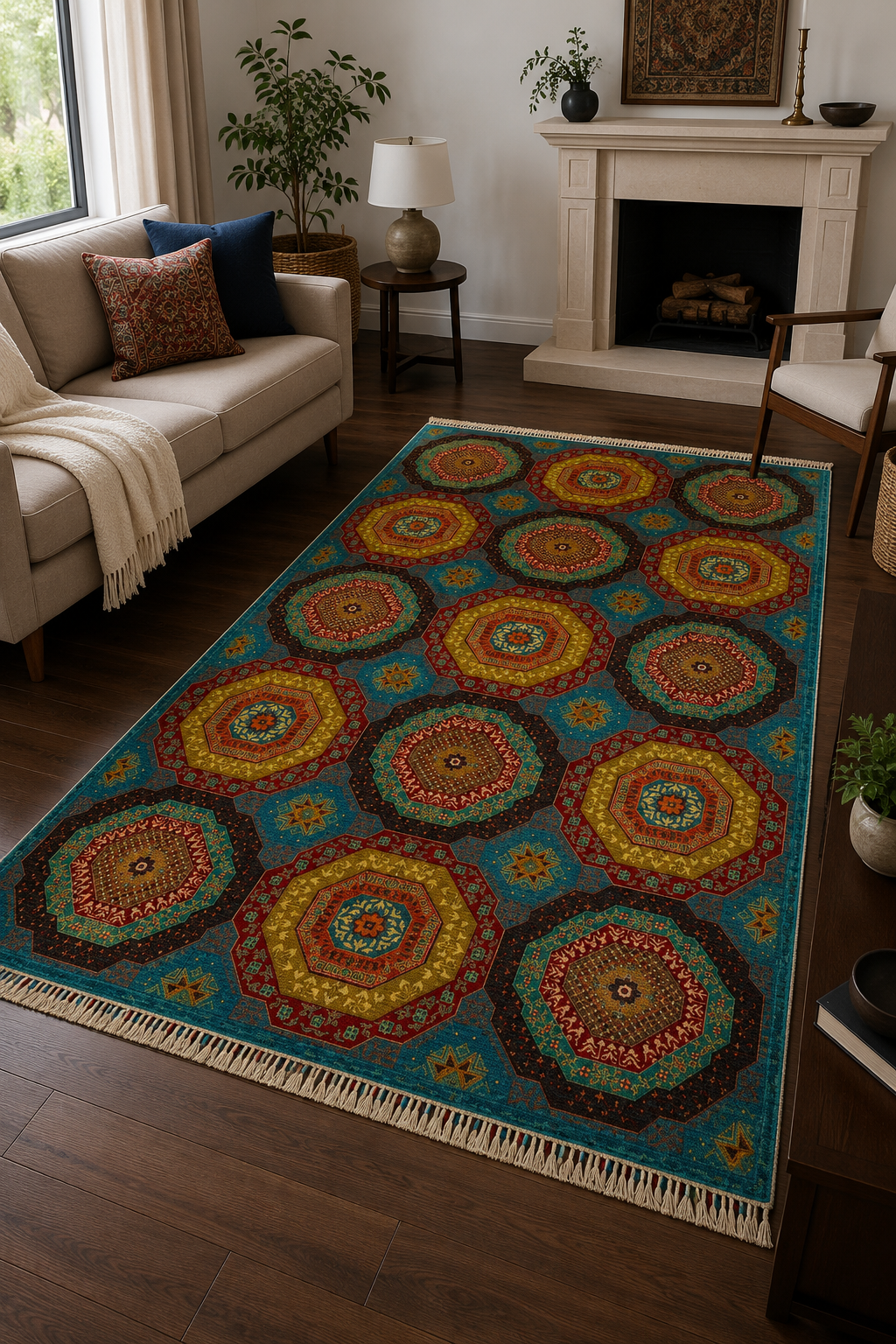 Turquoise Crown Geometric Tile Accent Rug
