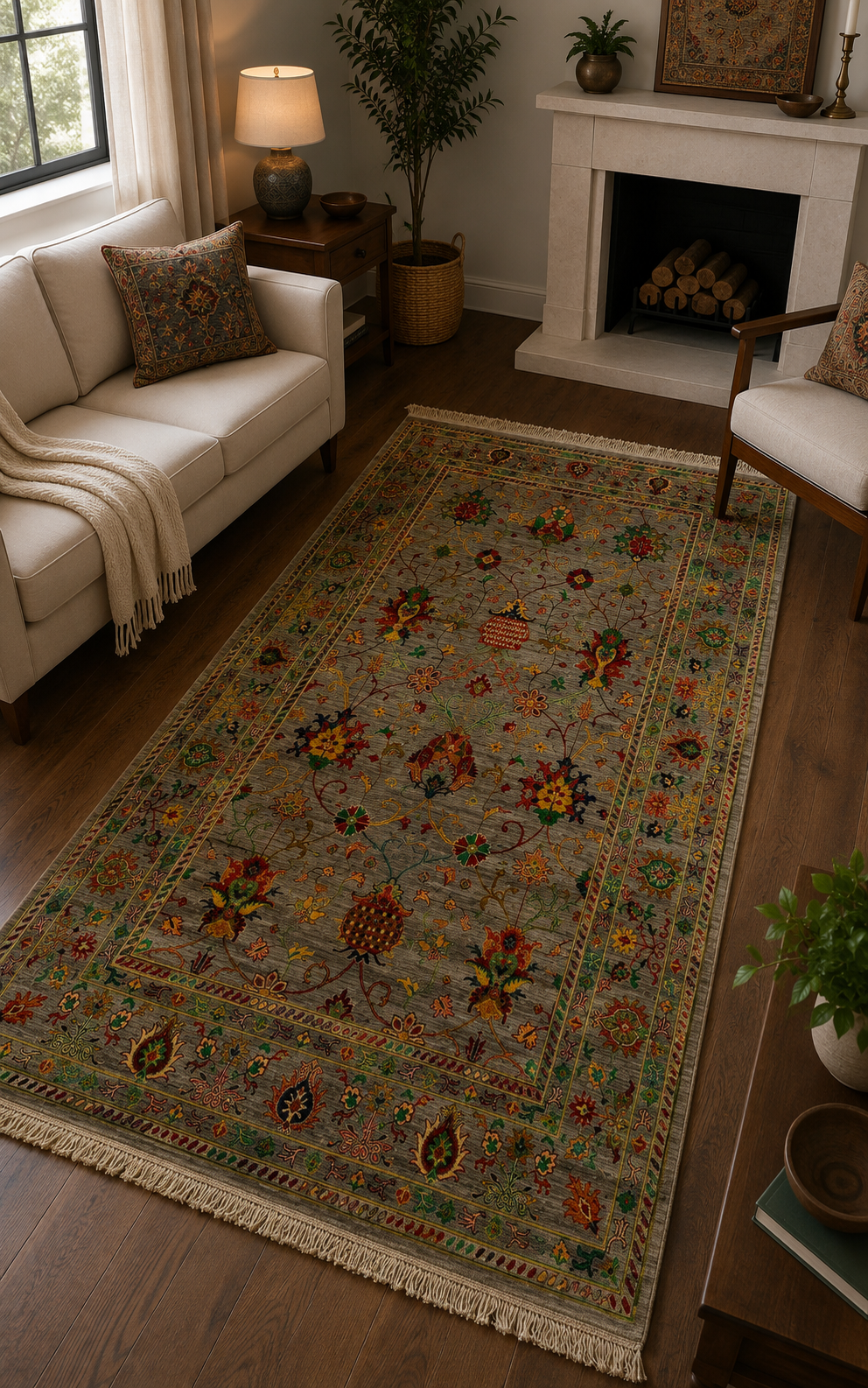 Slate Sage Floral Hand-Knotted Oriental Rug
