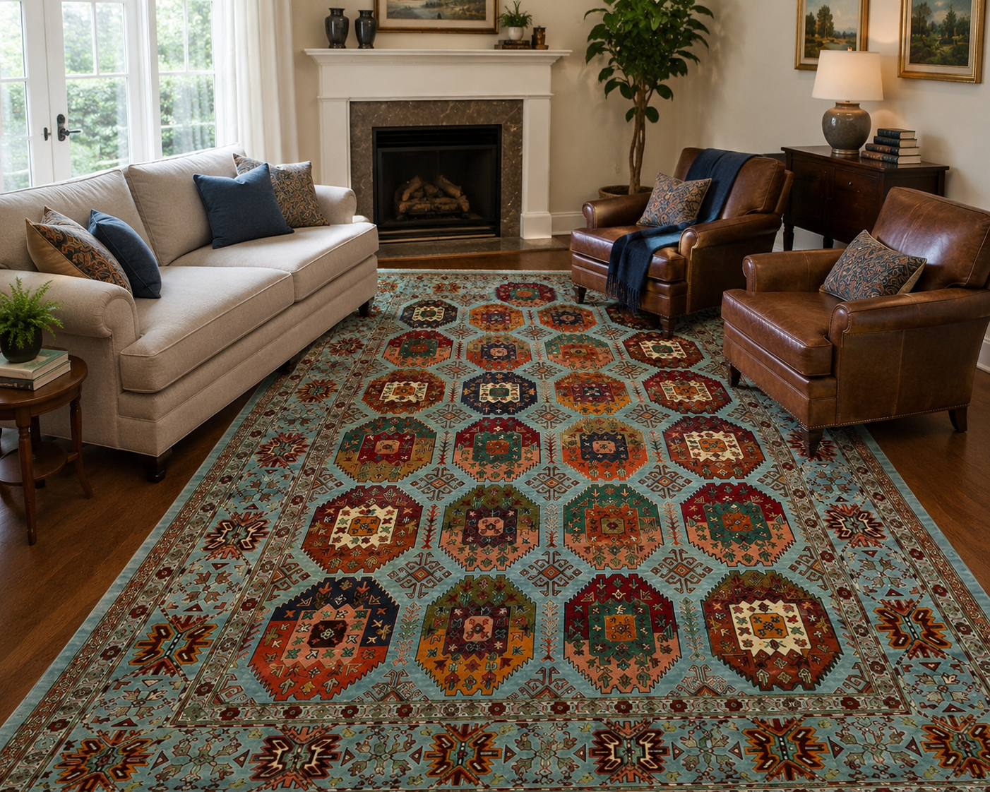 Vintage Caucasian Repeating Octagon Area Rug