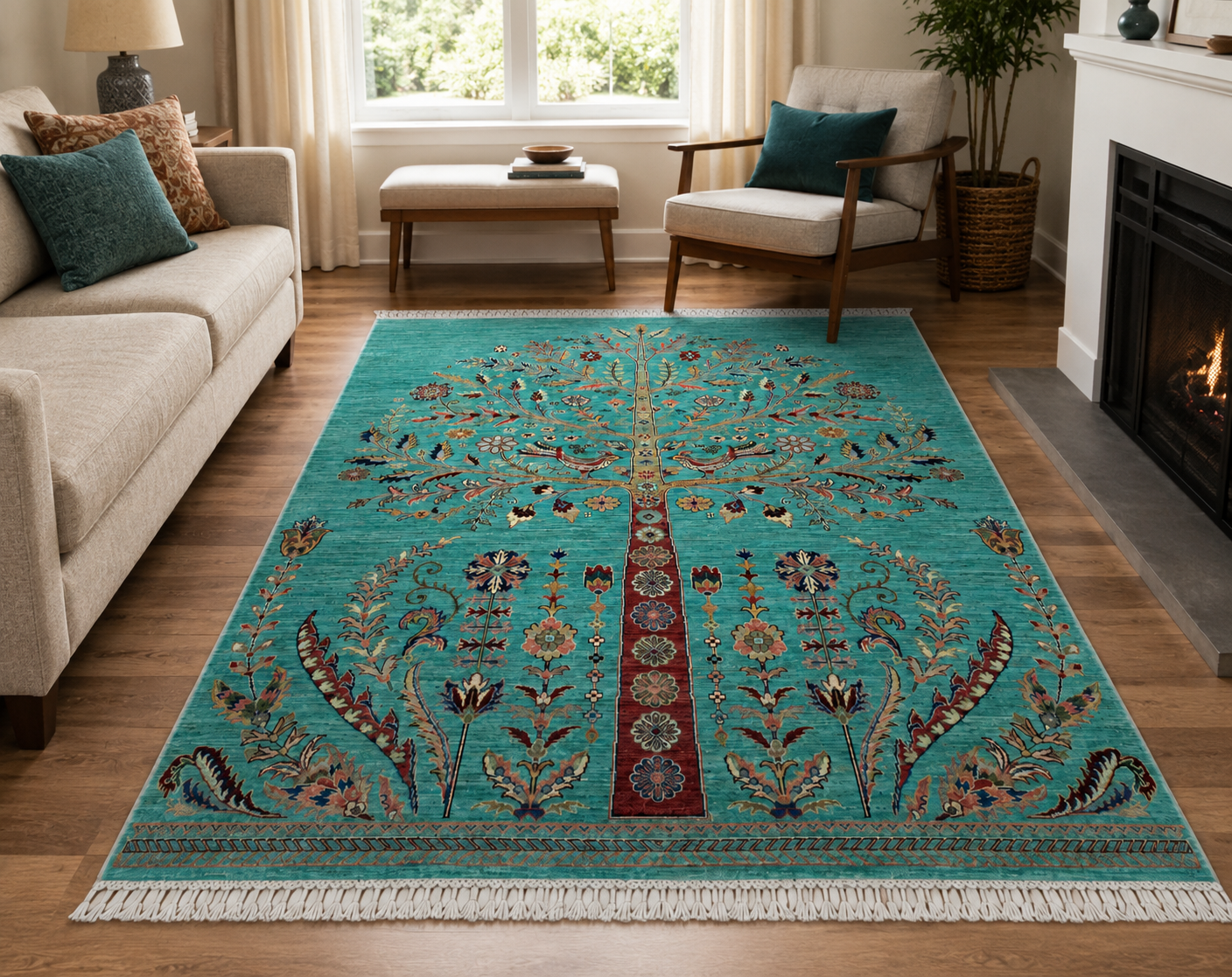 Botanical Birds & Blossom Teal Rug