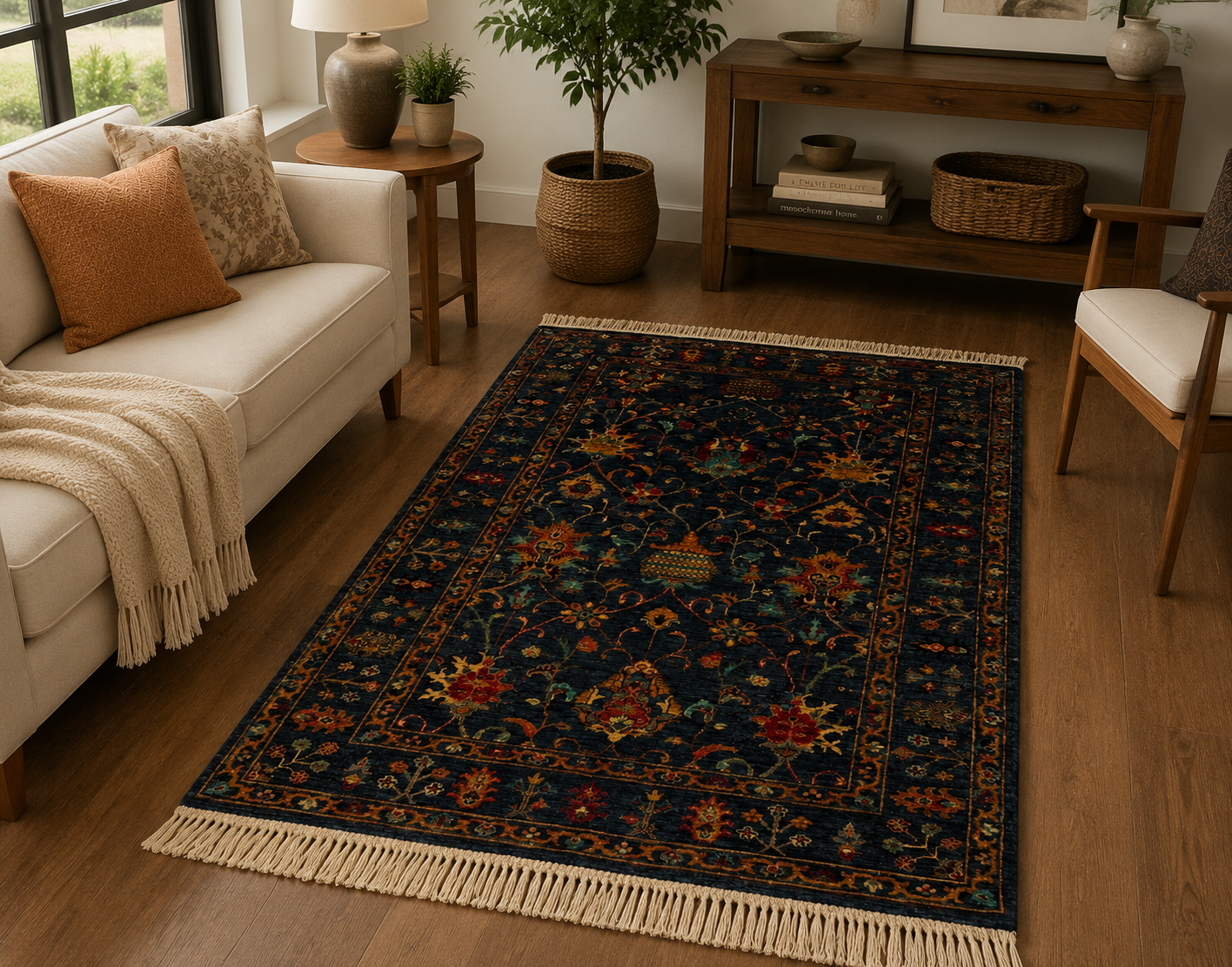 Navy Blue Traditional Floral Area Rug