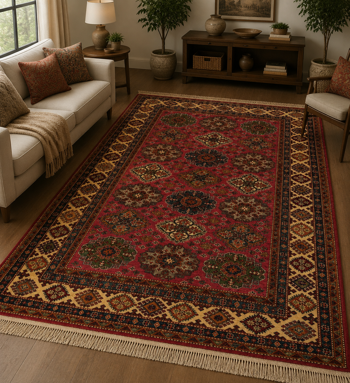 Oriental Crimson & Gold Geometric Floor Rug