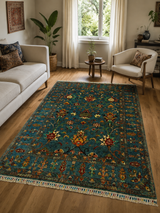 Peacock Teal Floral Wool Carpet
