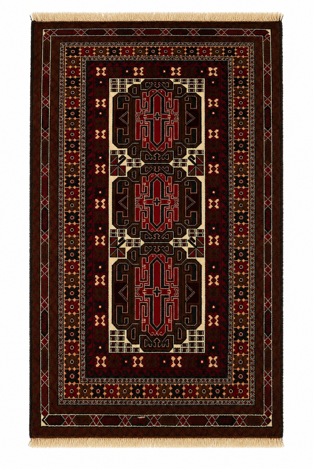 Baluchi Three-Medallion Geometric Bordered Mat