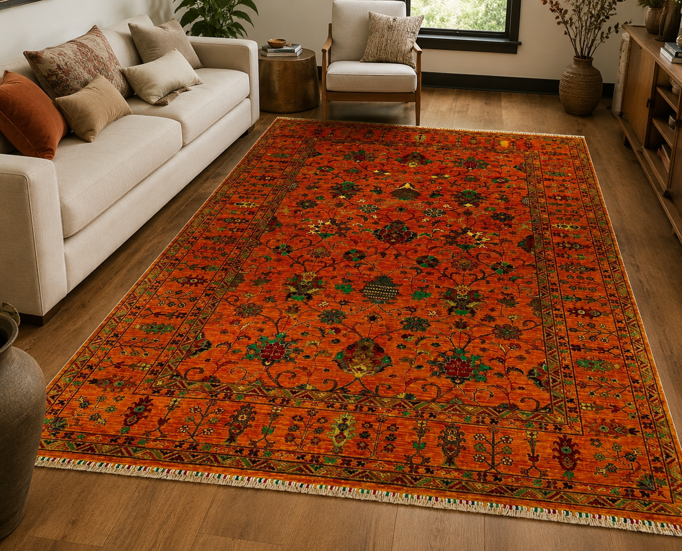 Rust Orange & Emerald Jewel-Toned Area Rug