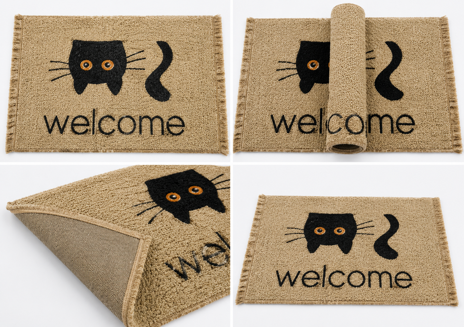 "Welcome" Wide-Eyed Cat Hand-Knotted Wool Doormat