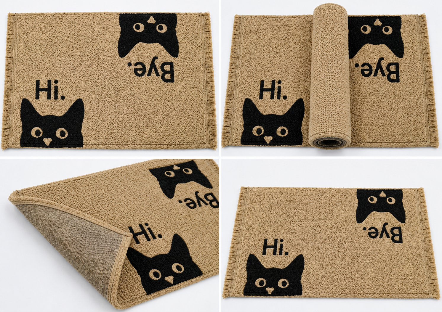 Two-Way Greeting Cat Hand-Knotted Wool Doormat