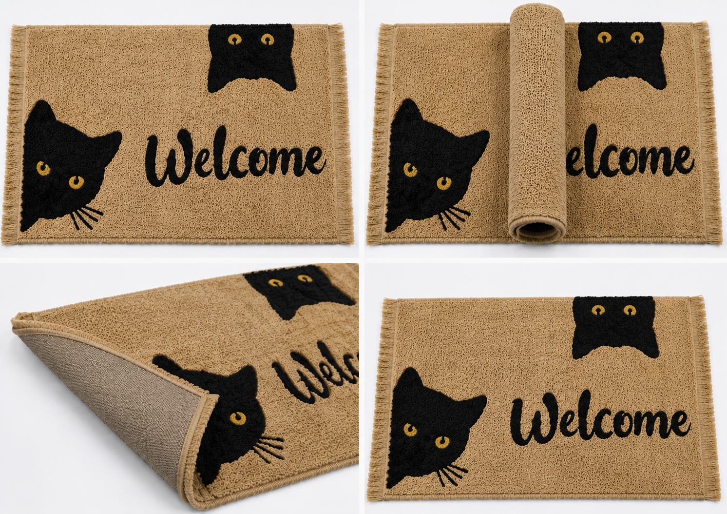 Two Peeking Cats Hand-Knotted Wool Welcome Doormat