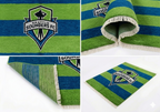 Hand-knotted wool Seattle soccer club flag rug in green and blue