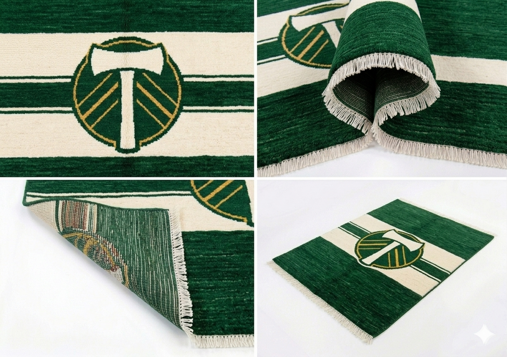 Hand-knotted wool Portland soccer club flag rug in green and gold