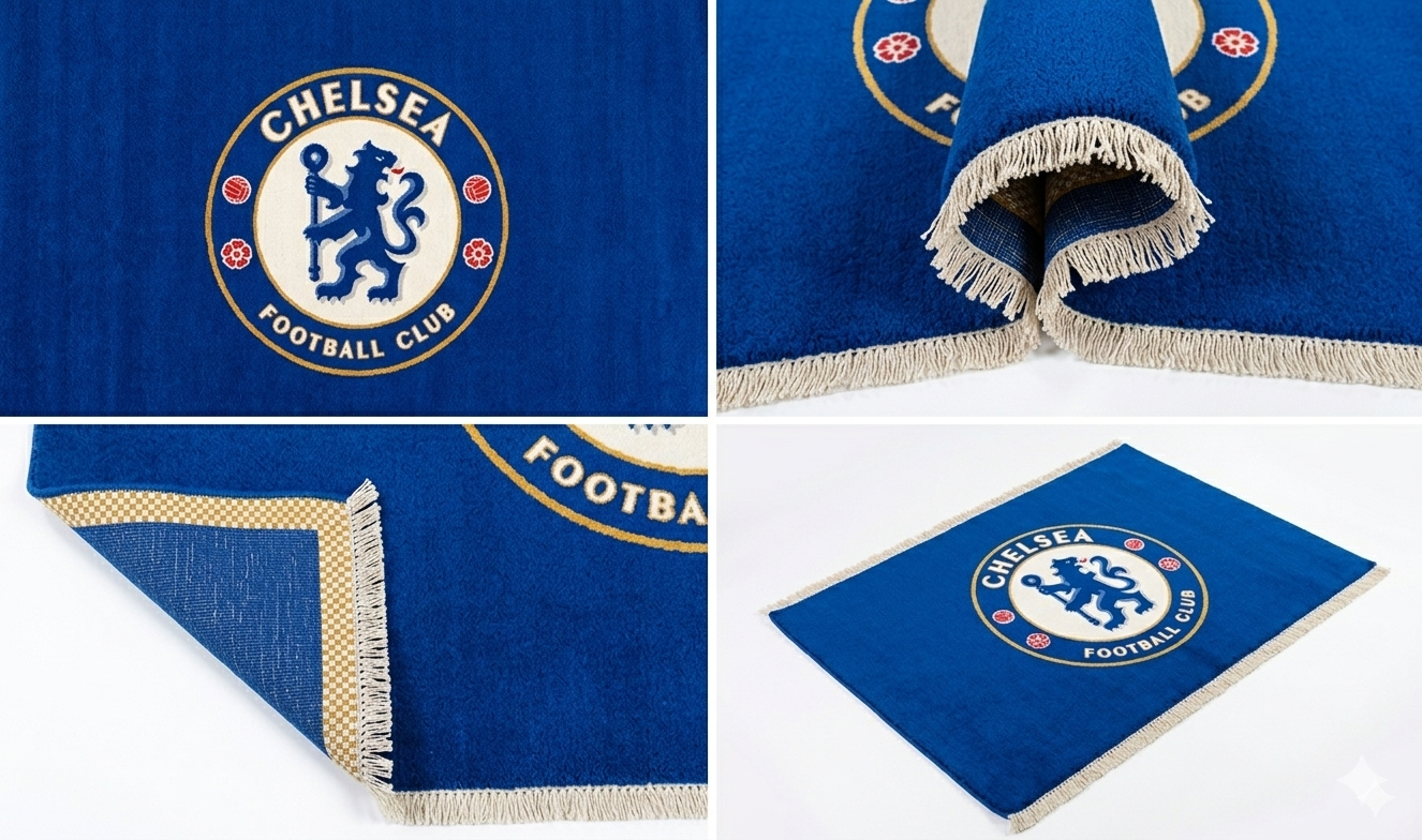 Hand-knotted wool Chelsea soccer club flag rug in blue and white