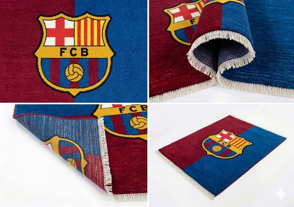 Hand-knotted wool Barcelona soccer club flag rug in blue and red