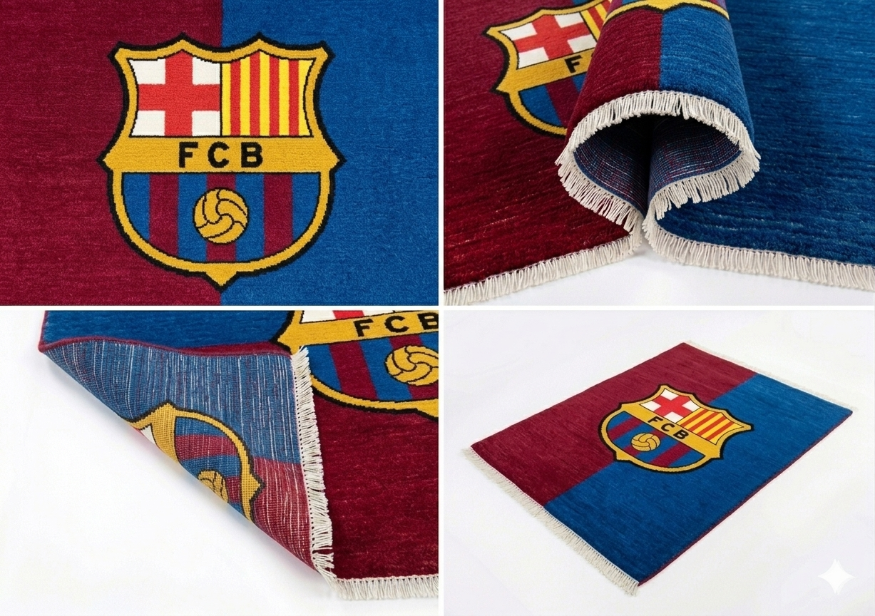 Hand-knotted wool Barcelona soccer club flag rug in blue and red
