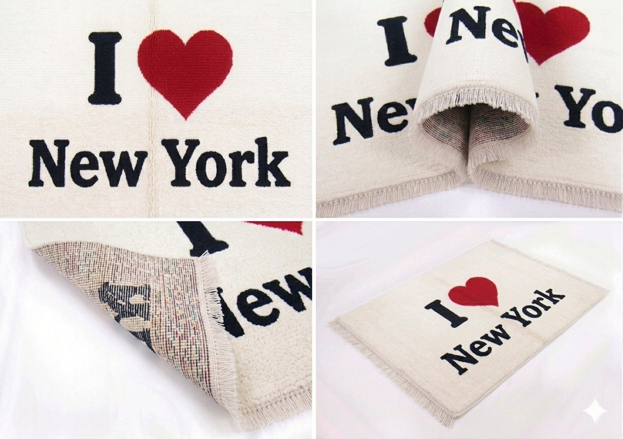 Hand-knotted wool I Love New York sketch rug in black and white