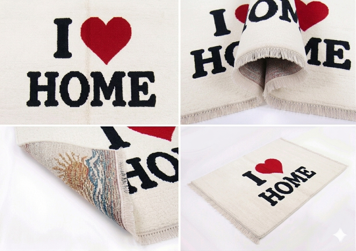 Hand-knotted wool I Love Home sketch rug, multicolor