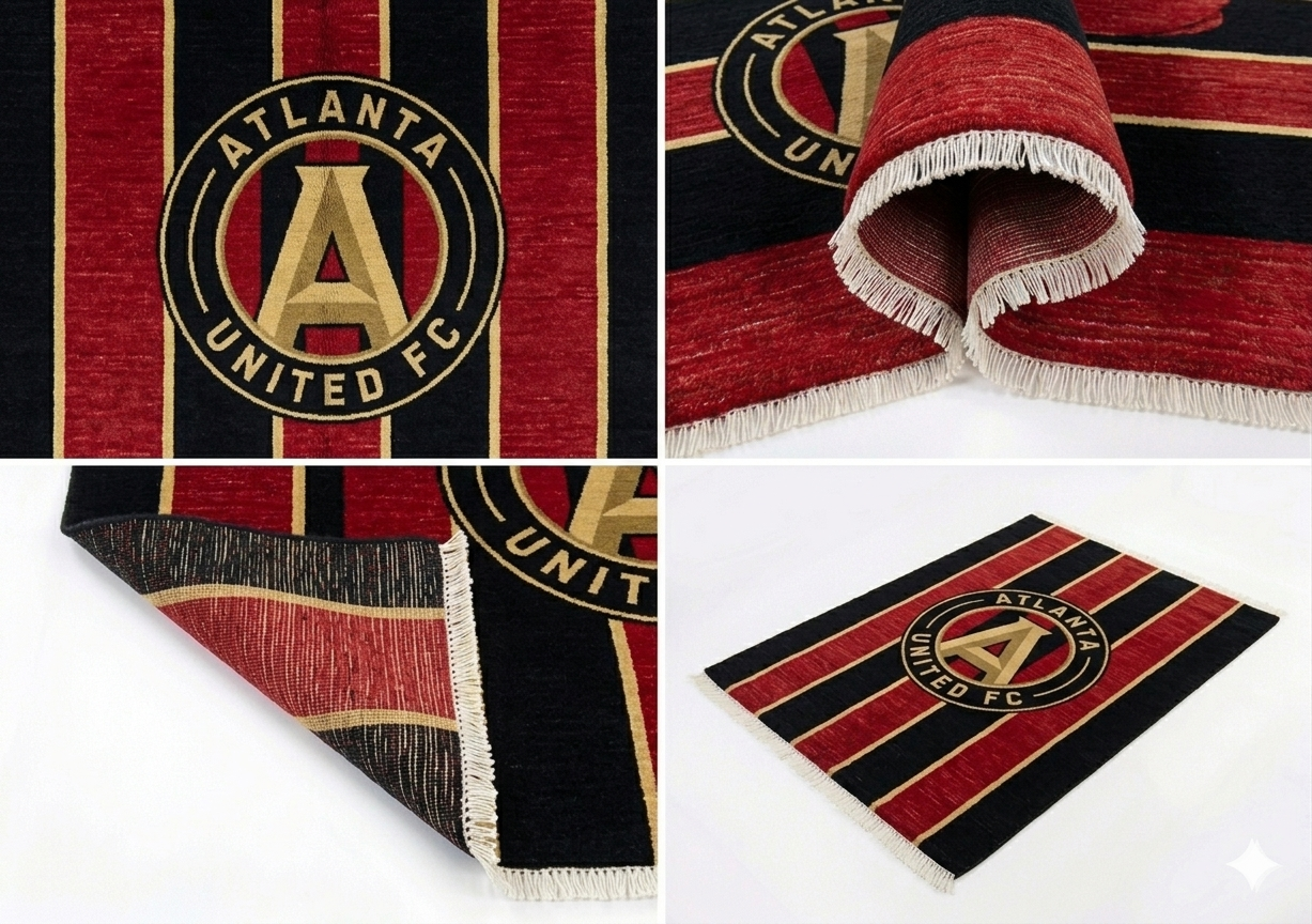 Hand-knotted wool Atlanta soccer club flag rug in red, black and gold