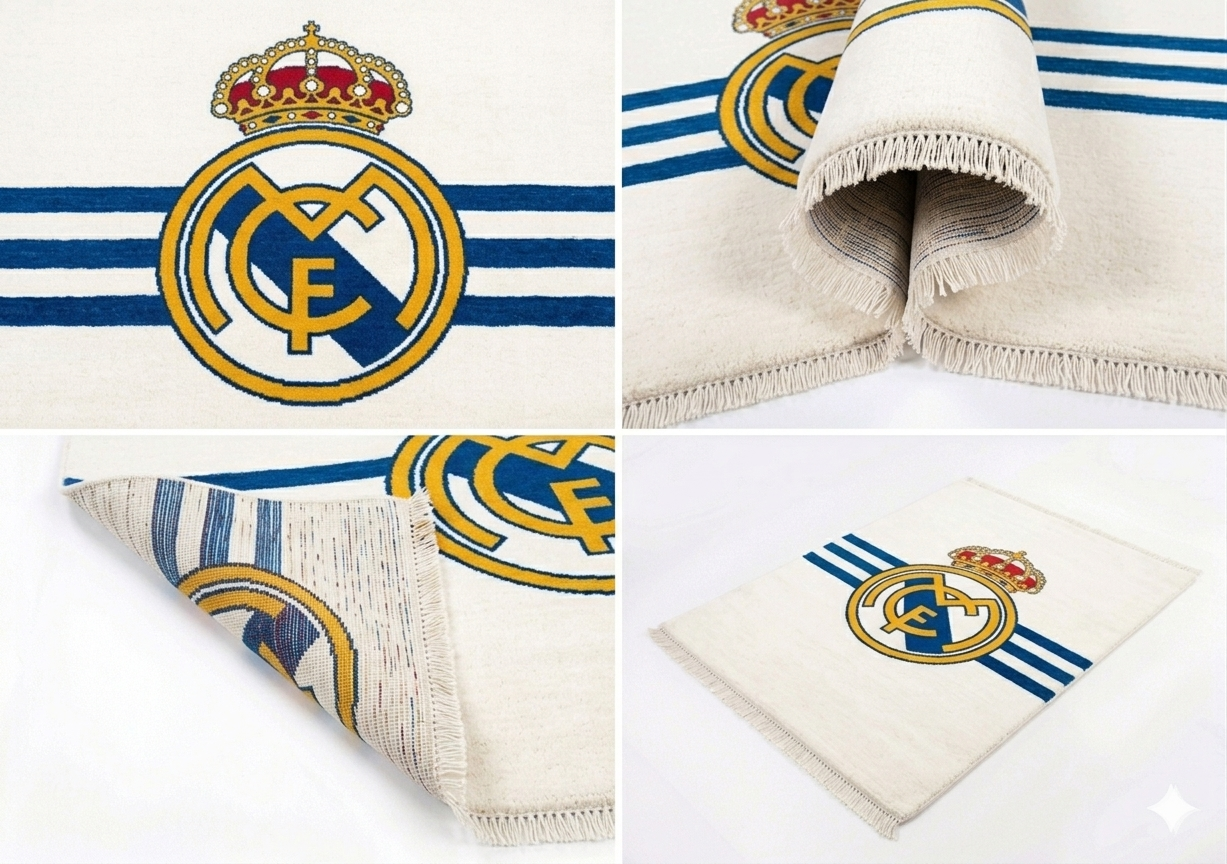 Hand-knotted wool Real Madrid soccer club flag rug in white and gold