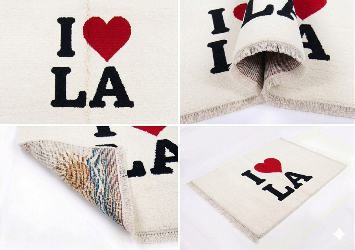 Hand-knotted wool I Love LA sketch rug, multicolor