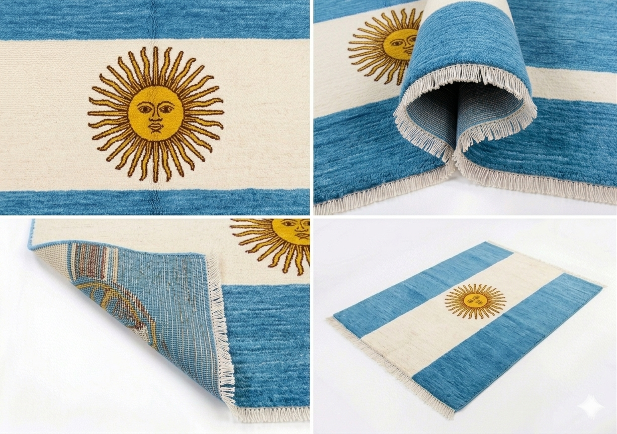 Hand-knotted wool Argentina flag rug in light blue and white