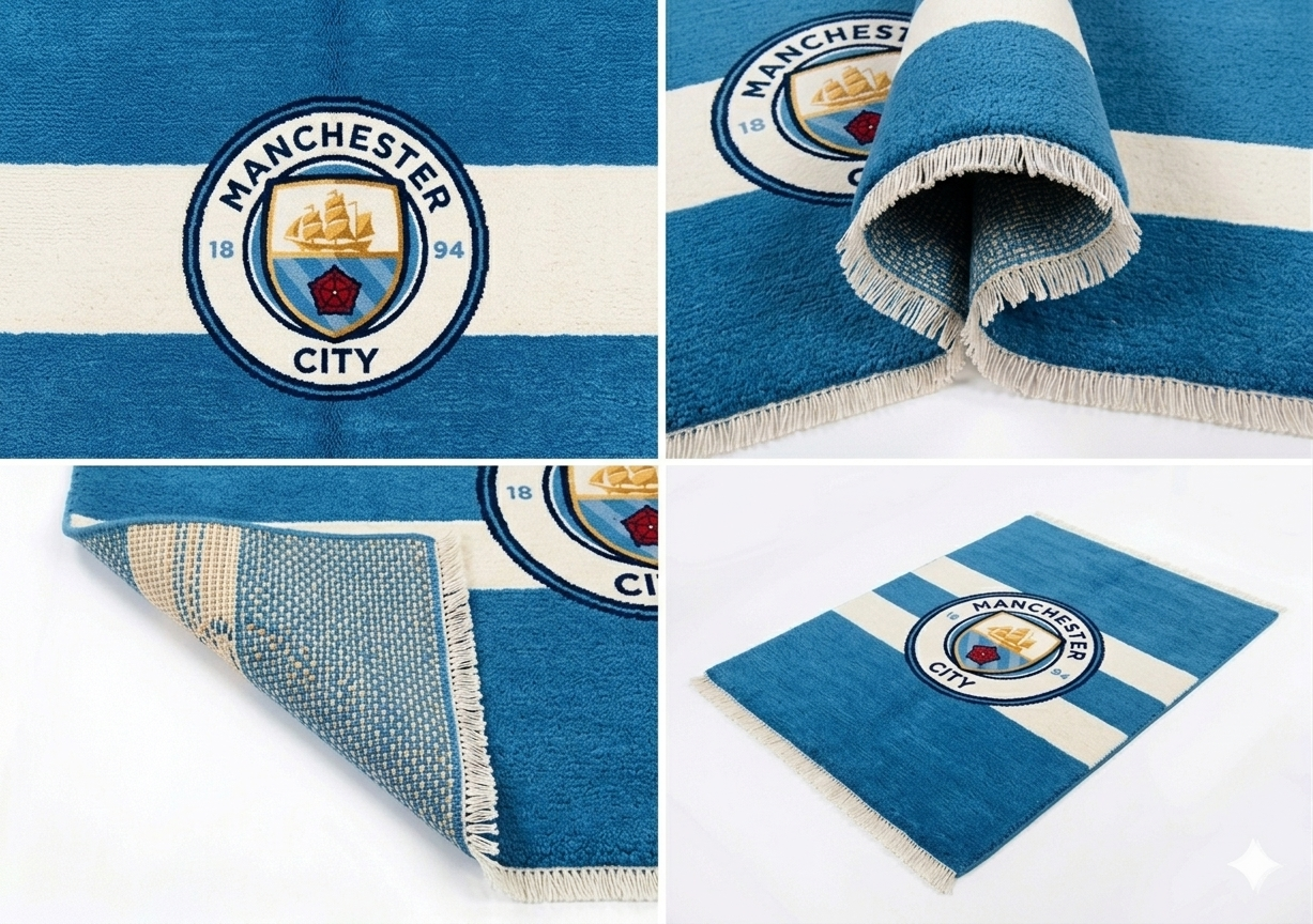 Hand-knotted wool Manchester City flag rug in sky blue and white