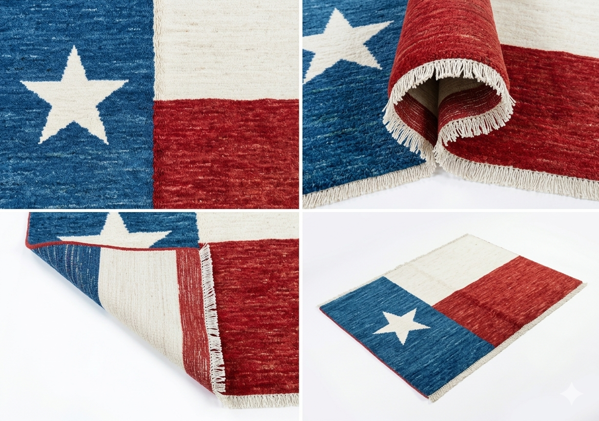 Hand-knotted wool Texas Lone Star flag rug in red, white and blue