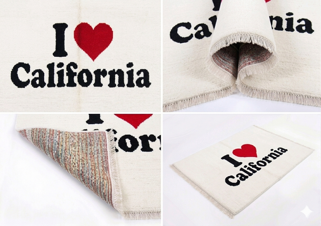Hand-knotted wool I Love California sketch rug, multicolor