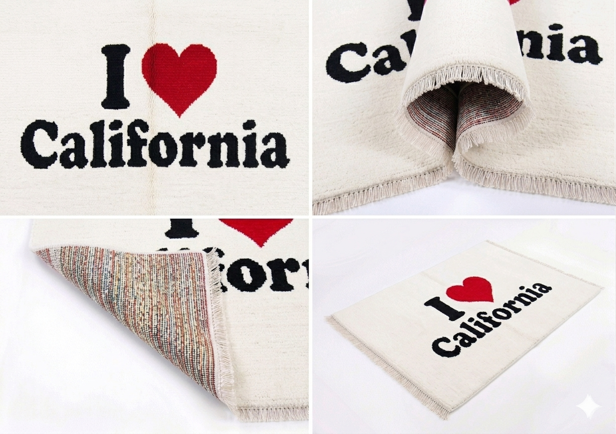 Hand-knotted wool I Love California sketch rug, multicolor
