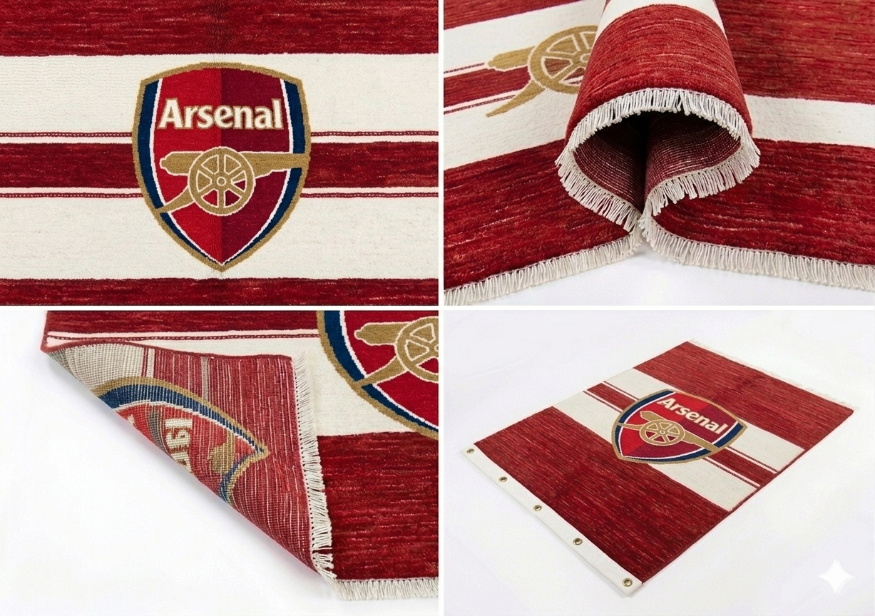 Hand-knotted wool Arsenal soccer club flag rug in red and white