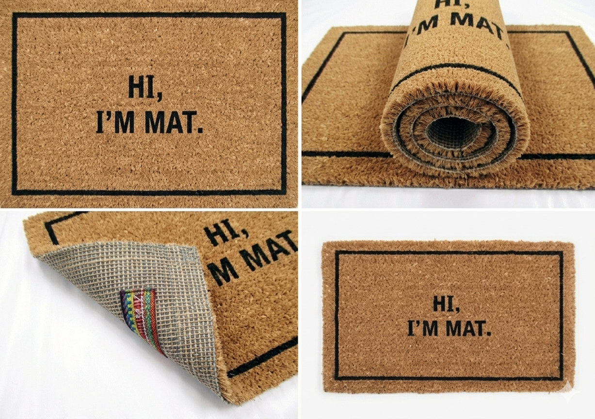 "Hi, I'm Mat." Funny Hand-Knotted Wool Doormat