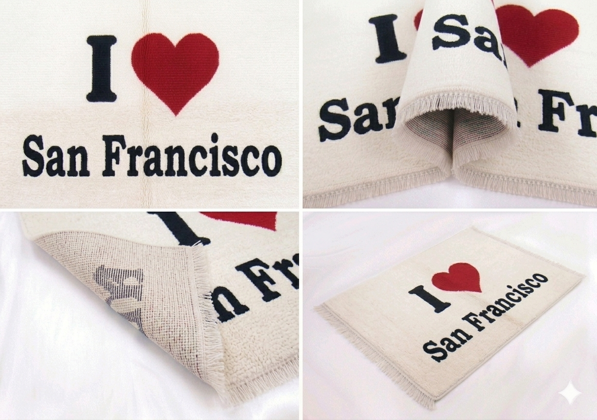 Hand-knotted wool I Love San Francisco sketch rug, multicolor