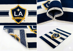 Hand-knotted wool LA soccer club flag rug in black and gold