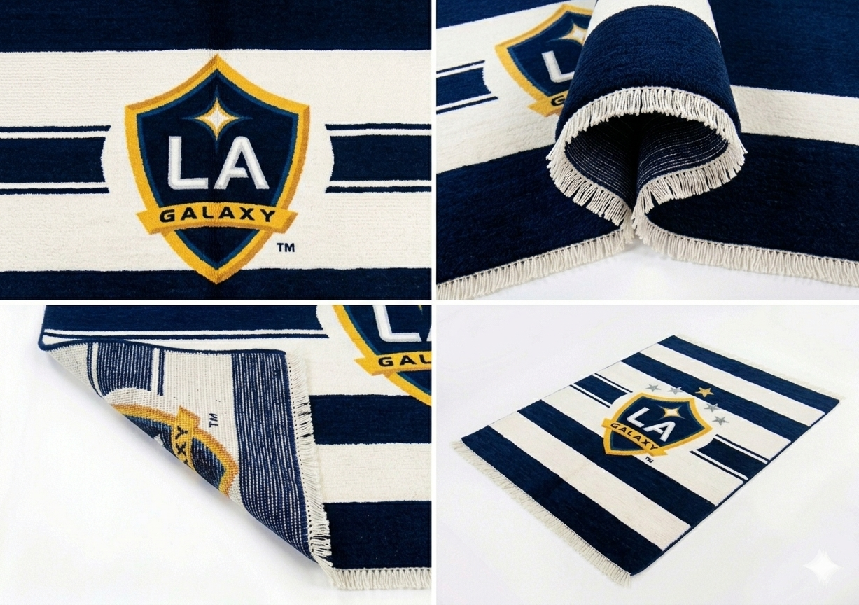 Hand-knotted wool LA soccer club flag rug in black and gold
