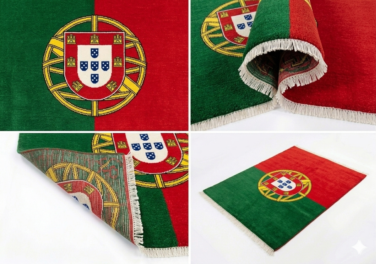 Hand-knotted wool Portugal flag rug in green and red