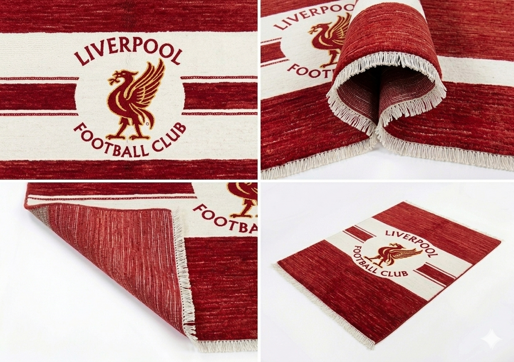 Hand-knotted wool Liverpool soccer club flag rug in red and white