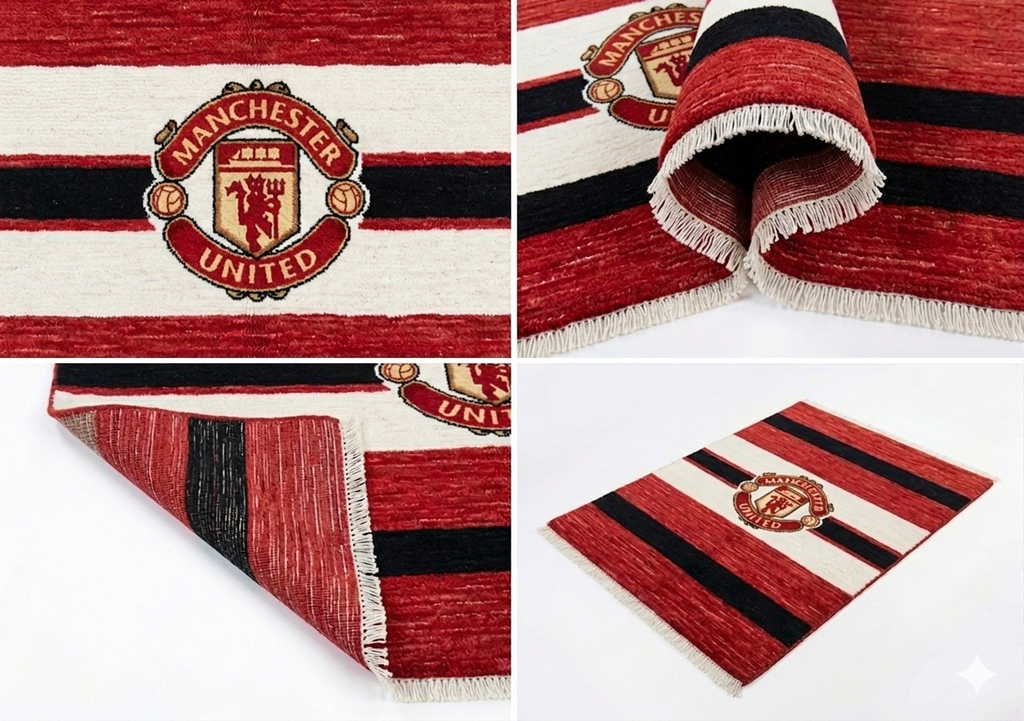 Hand-knotted wool Manchester United flag rug in red, white and black