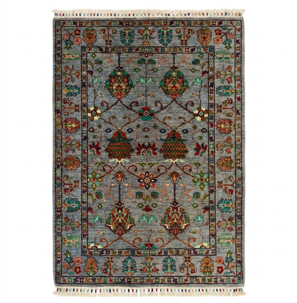 Muted Slate Blue Classical Floral Area Rug