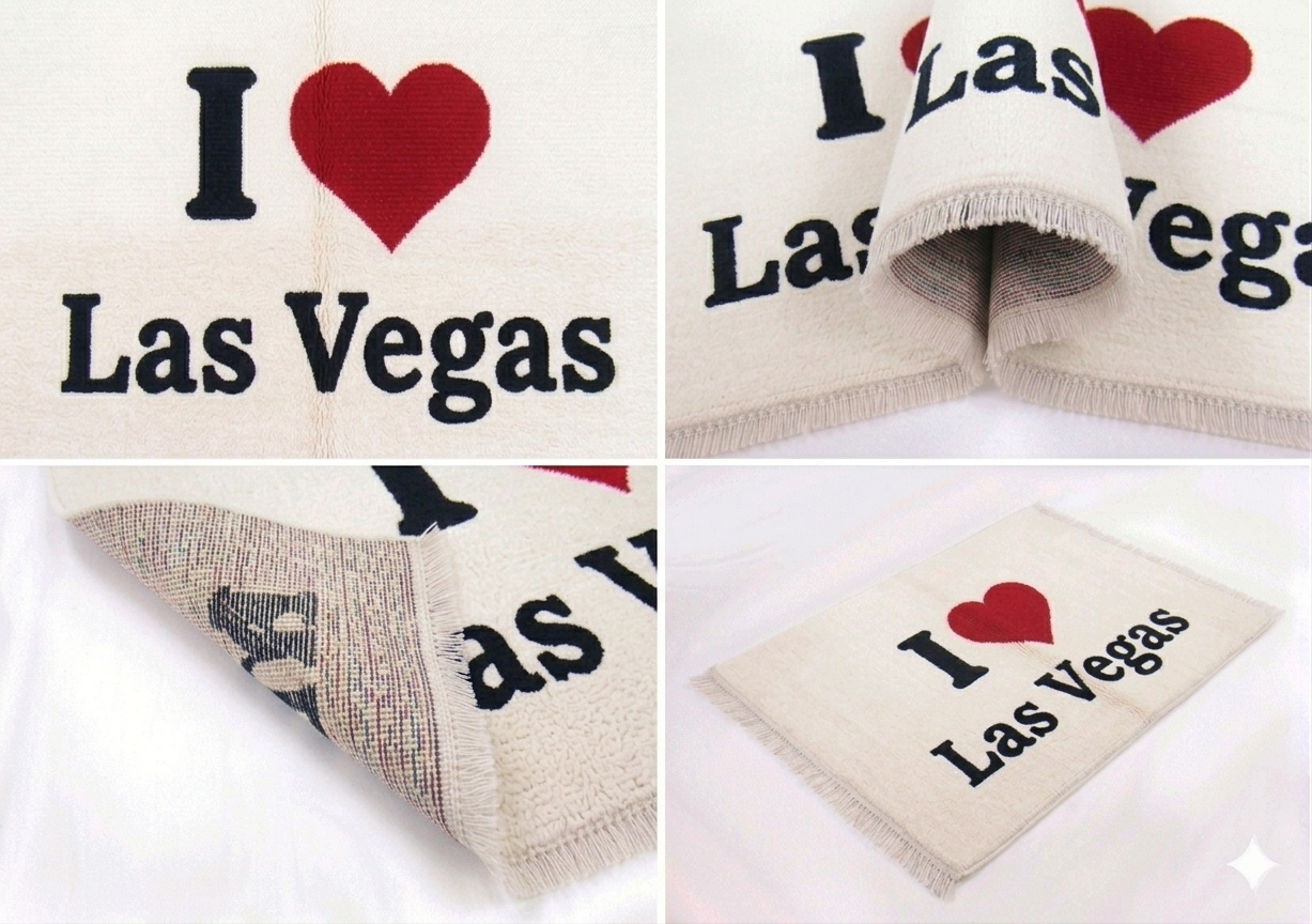 Hand-knotted wool I Love Las Vegas sketch rug, multicolor