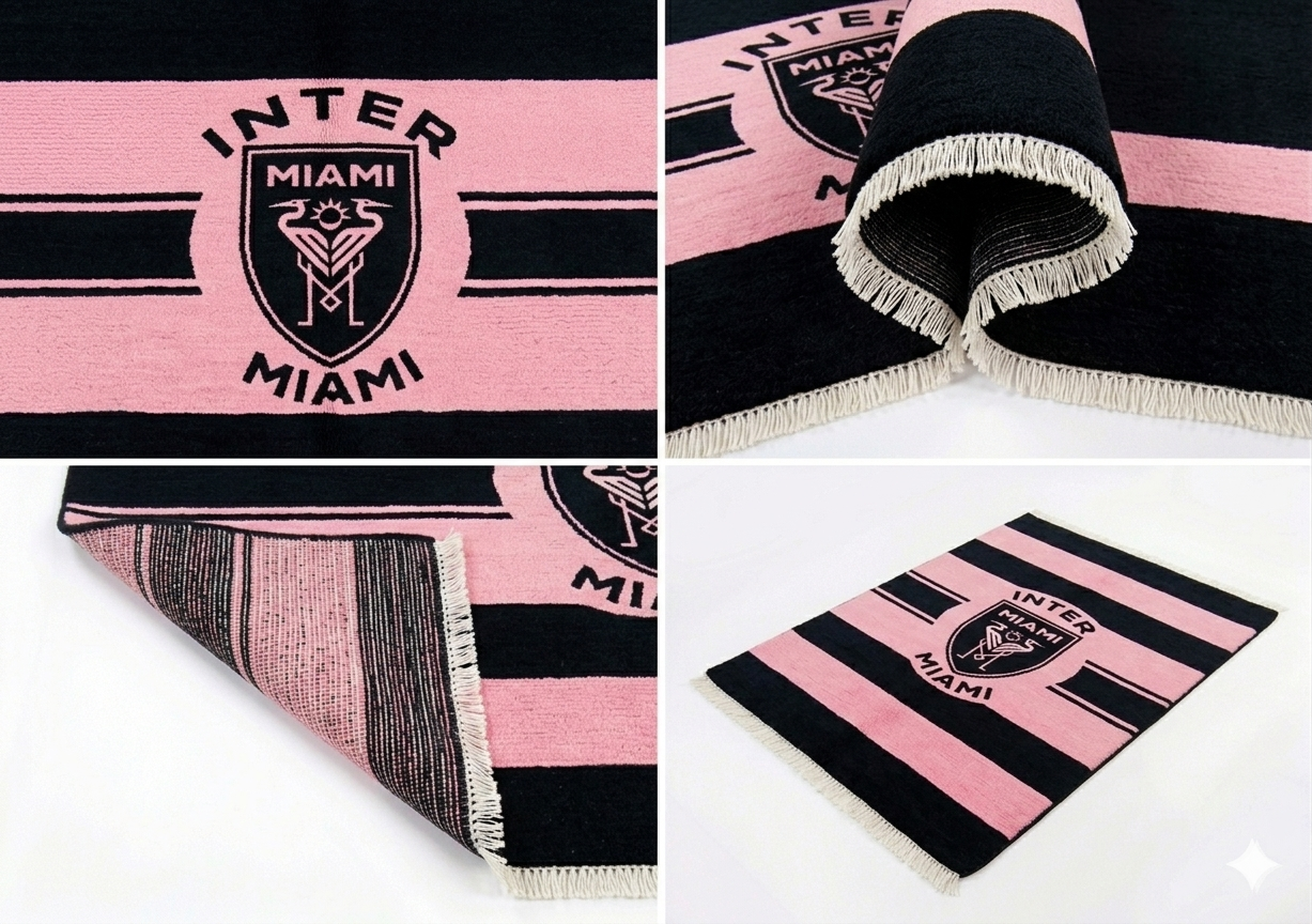 Hand-knotted wool Inter Miami flag rug in pink and black