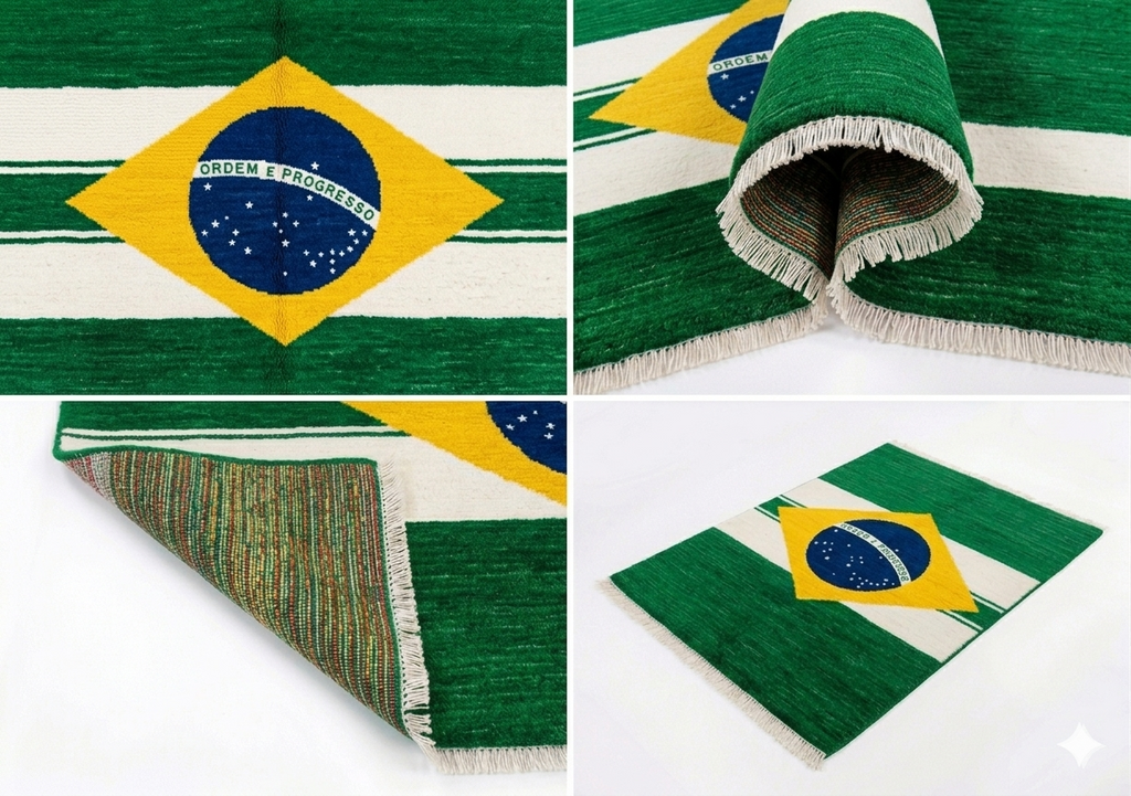 Hand-knotted wool Brazilian flag rug in green, yellow and blue