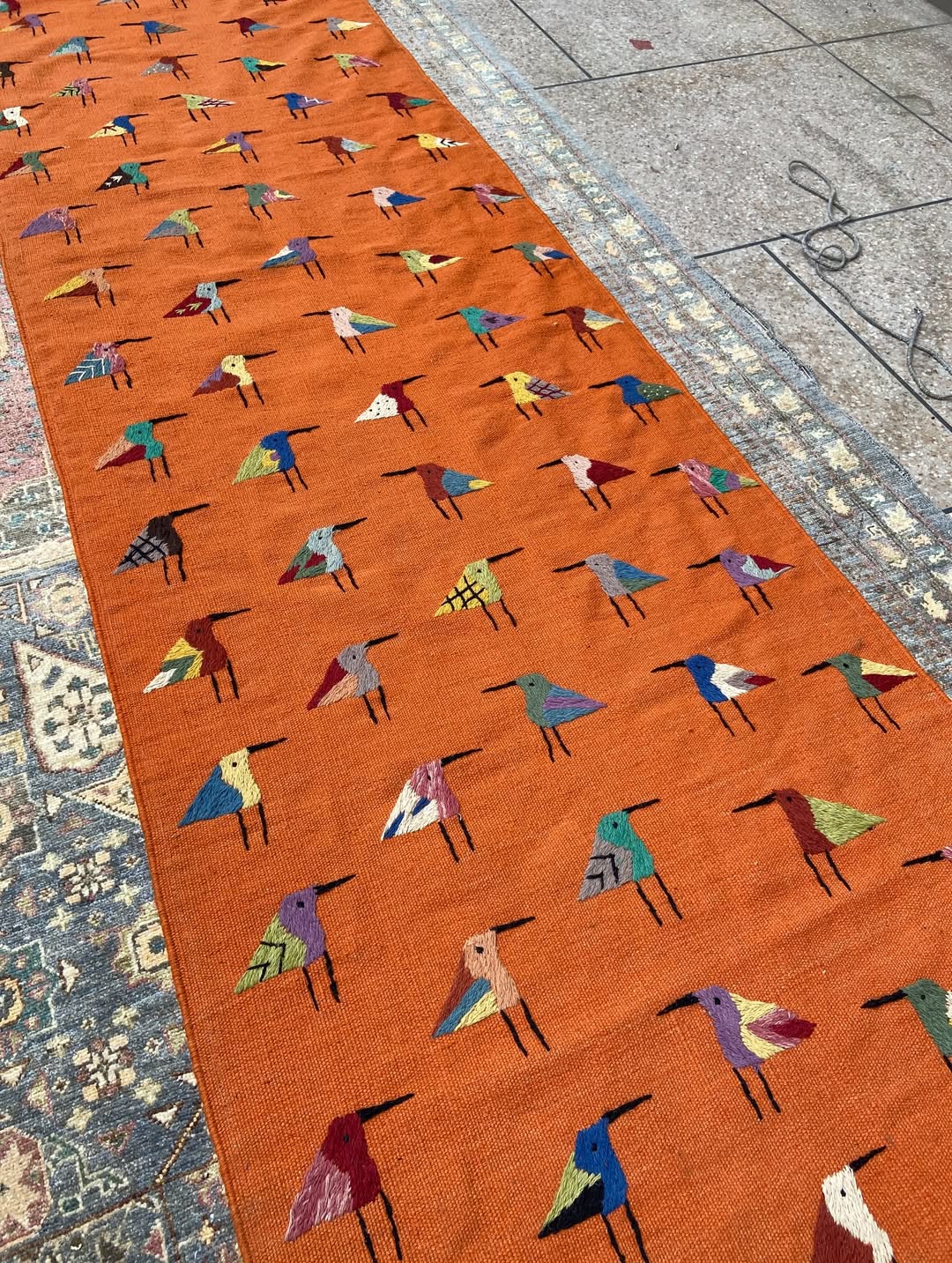 Terracotta Orange Bird Motif Kilim Runner