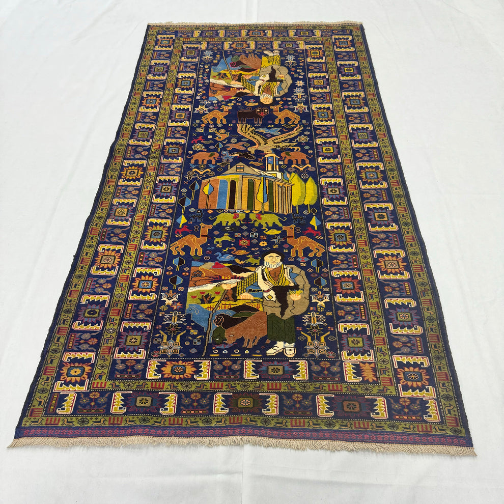 Shikargah Royal Indigo Hunting Scene Long Runner Mat