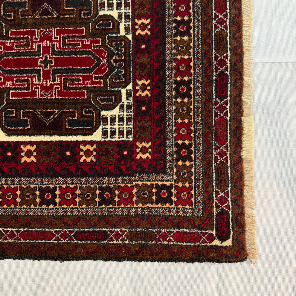Baluchi Three-Medallion Geometric Bordered Mat