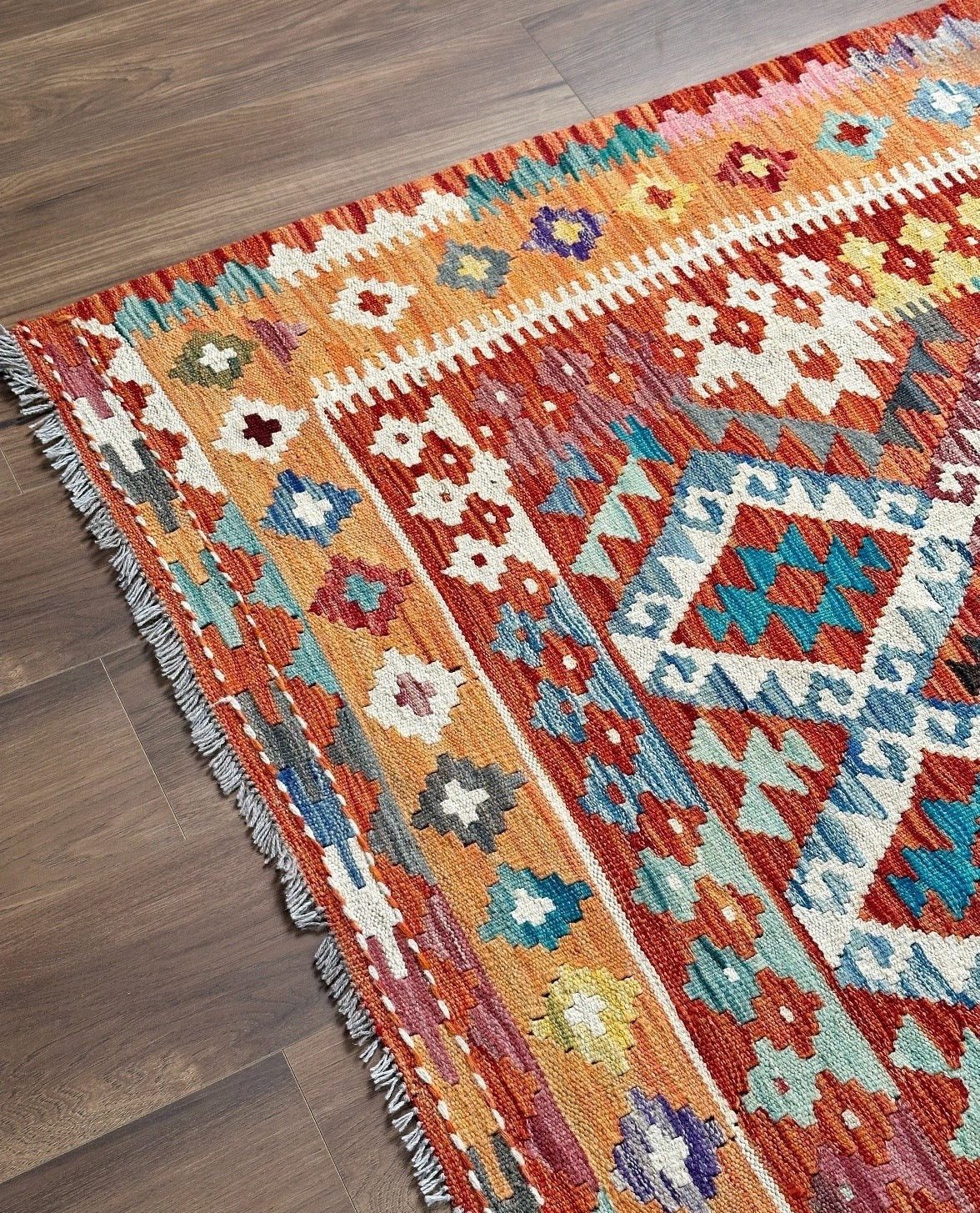 Bright Terracotta & Teal Flatweave kilim