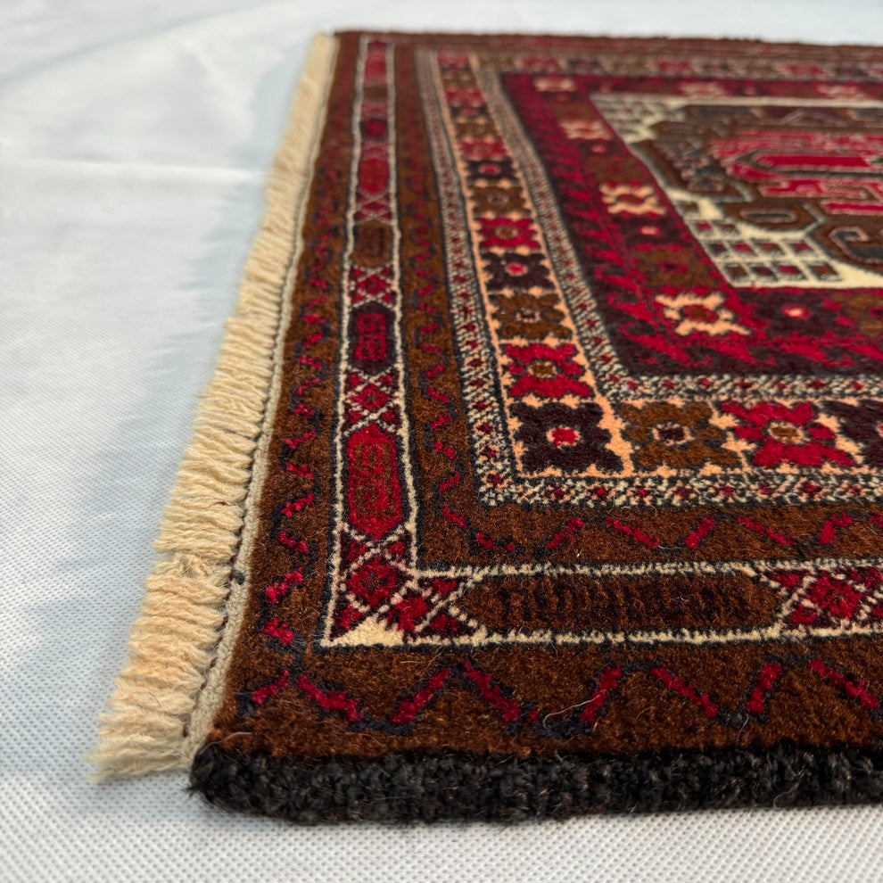 Baluchi Three-Medallion Geometric Bordered Mat