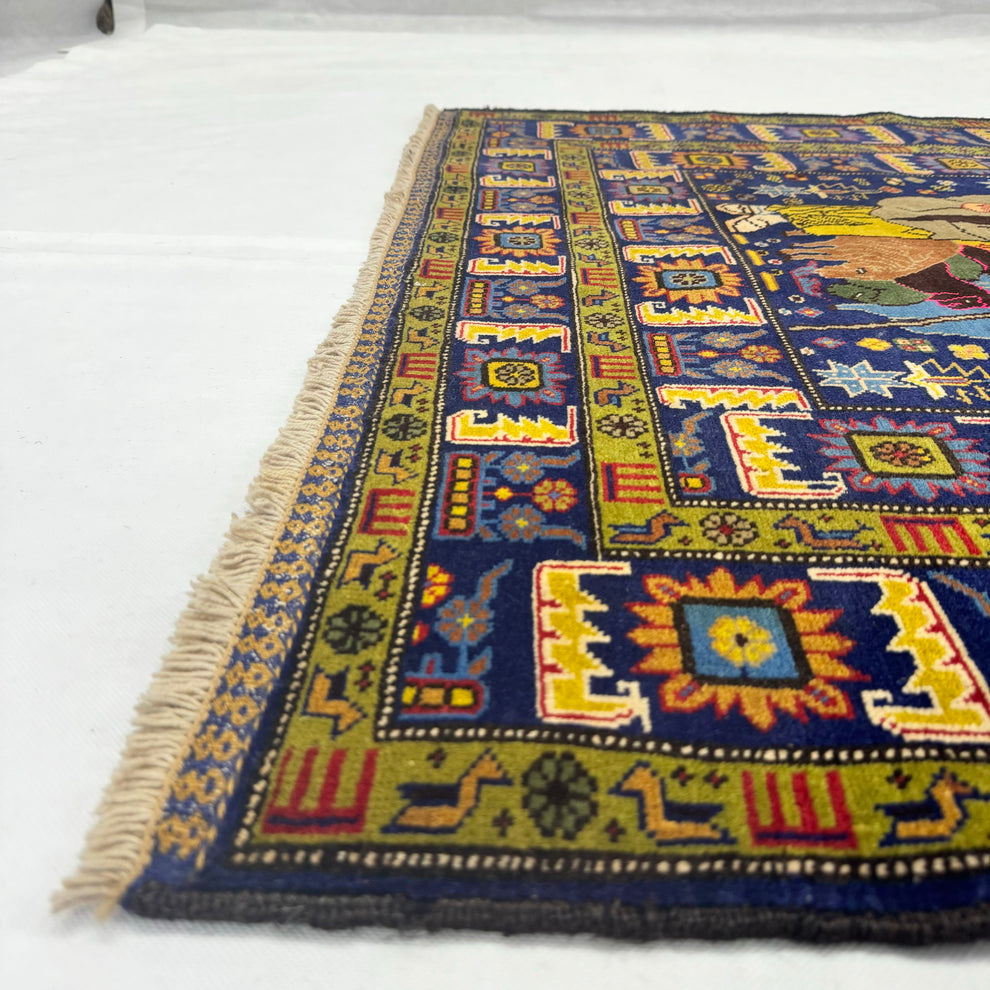 Shikargah Royal Indigo Hunting Scene Long Runner Mat